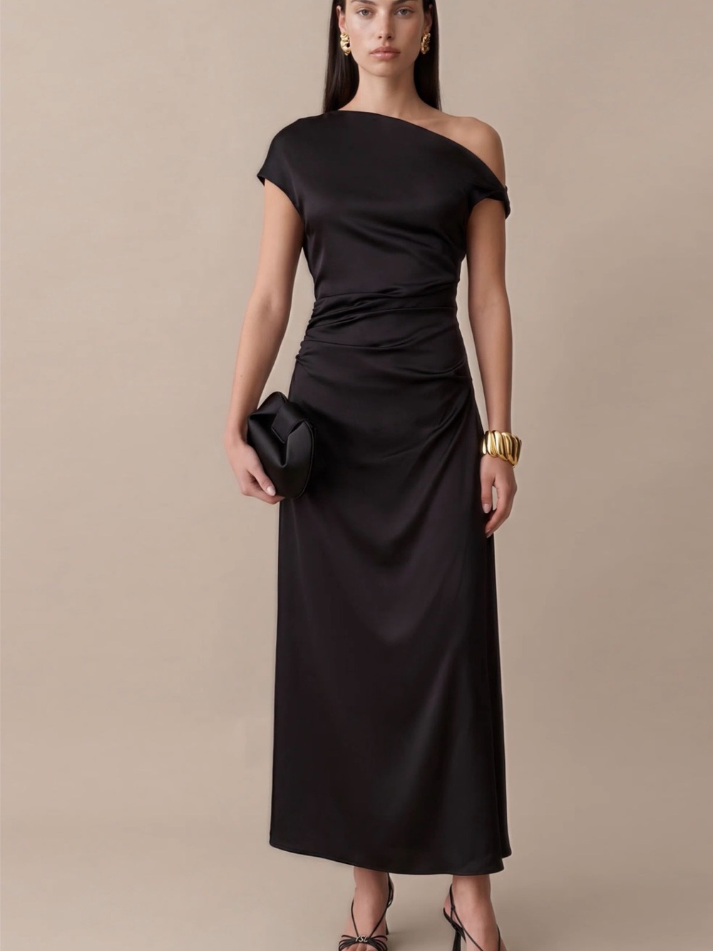 One-Shoulder Black Satin Evening Gown